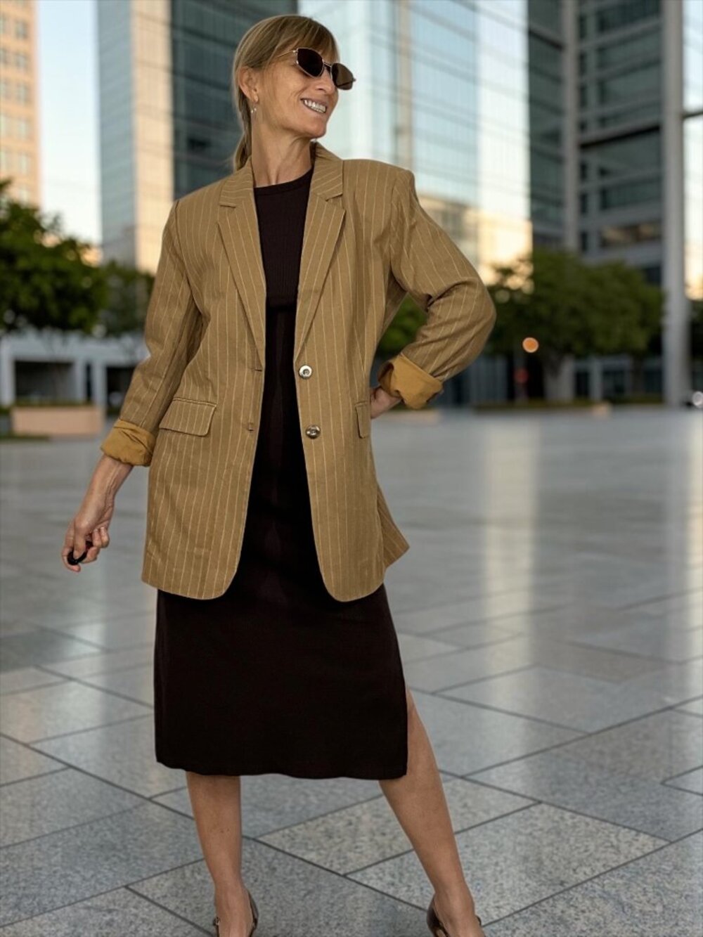 Nicholas Linen Charlee Blazer 4 Caramel Pinstripe Oversized